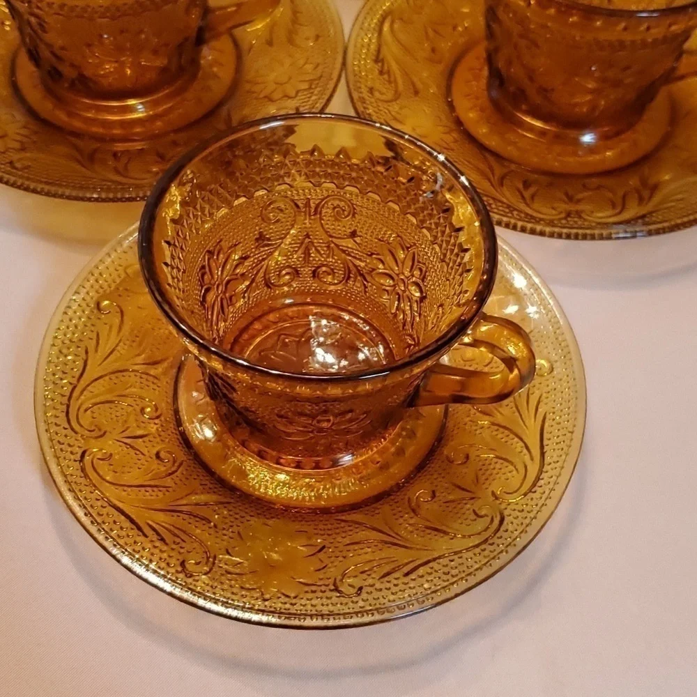 Vintage Tiara Crystal Cup & Saucer Set of 4 Sandwich Pattern Amber Indiana Glass - Picture 4 of 13